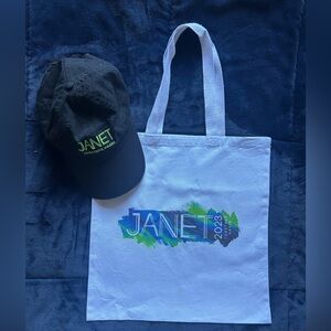 Janet Jackson ‘Together Again’ concert merch. 2023 black cap & white tote bag.